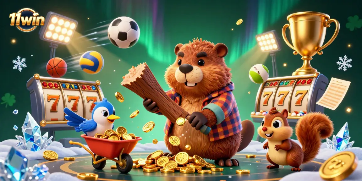 Experience the thrill of 11win with a vibrant casino scene featuring a beaver and dynamic game elements.
