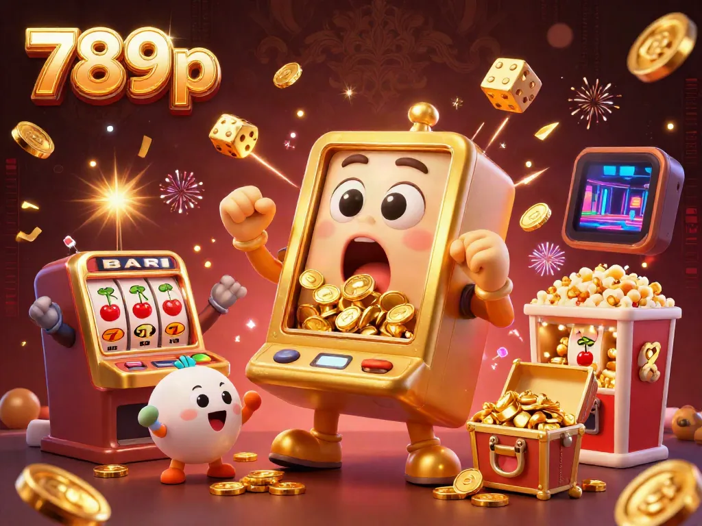 Watch the golden slot machine hit the jackpot in this vibrant 789p illustration bursting with coins and excitement.