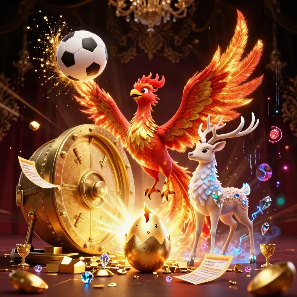 Phoenix, baby phoenix, and crystal stag amid gold vault light, balls, gems, and neon effects.