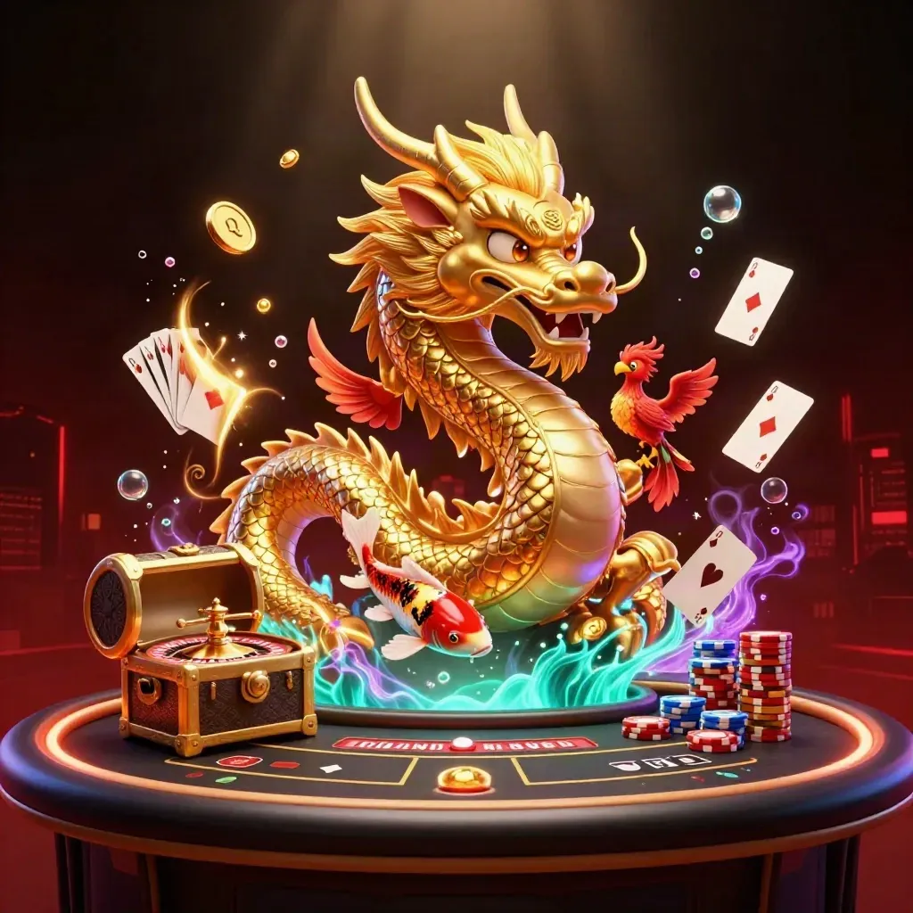Golden dragon, phoenix and koi erupt from a treasure chest amid casino lights and coins.