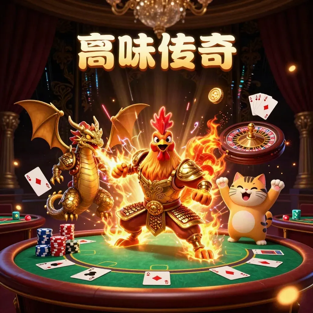 Rooster samurai, dragon hatchling, and cheering fortune cat amid casino gold and neon sparks.