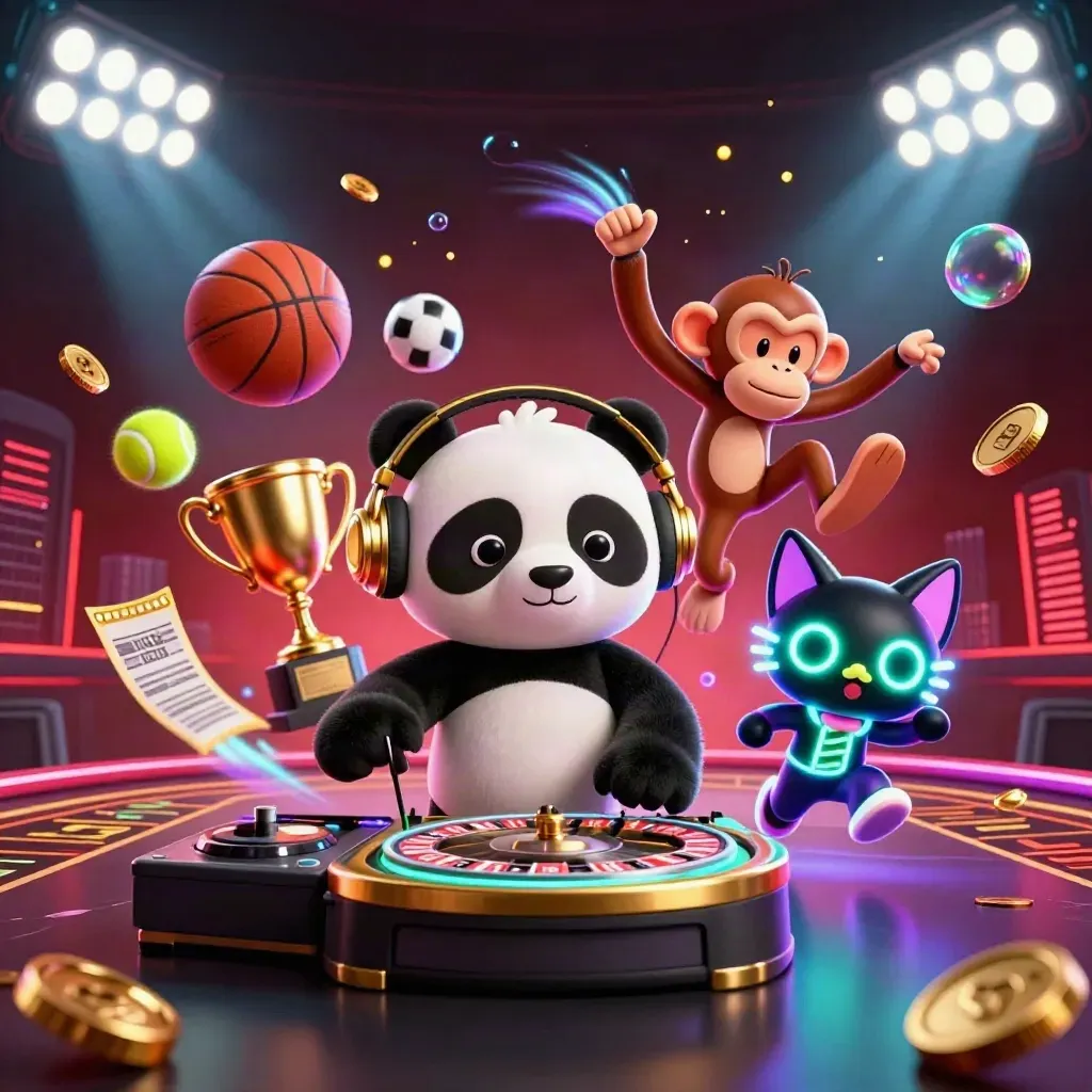 Panda DJ, breakdancing monkey, and glow-stick kitten on neon casino court with flying sports balls.