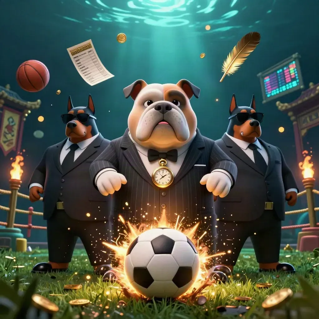 Cartoon bulldog and Dobermans around a soccer ball exploding off turf amid gold sparks.