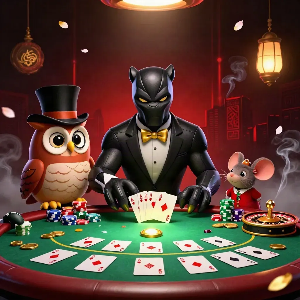 Panther, owl, and mouse at a luxe casino table with chips, aces, and glowing lights.