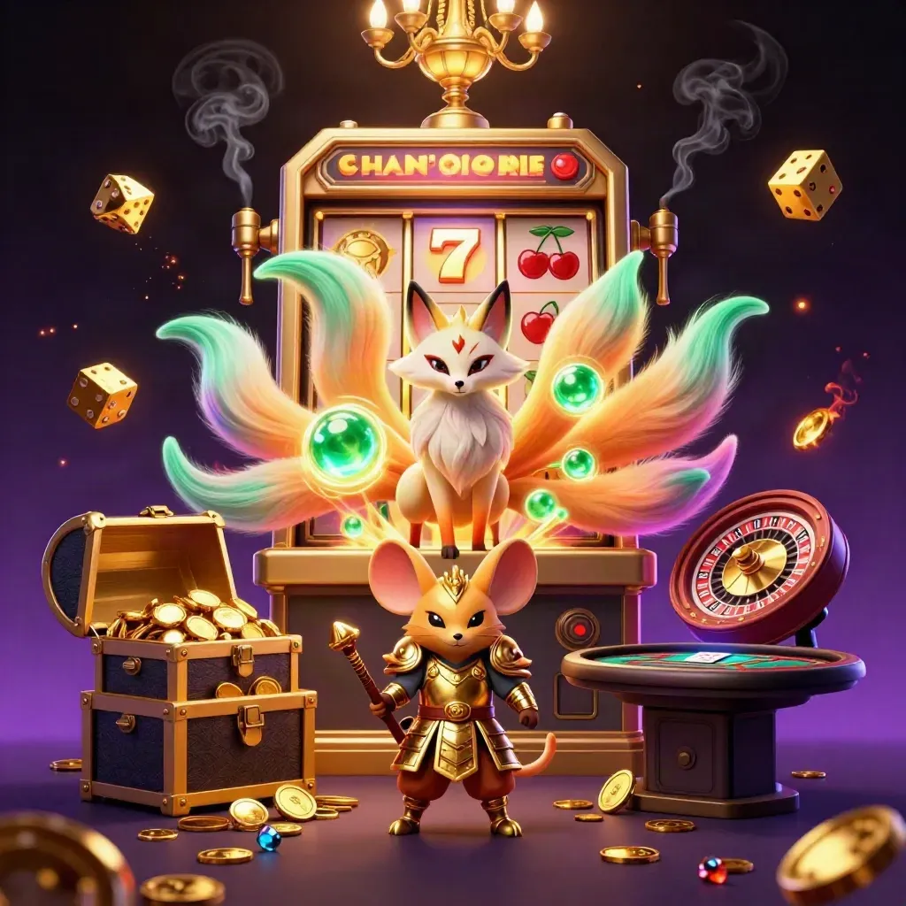 Neon fox spirit and samurai mouse amid slot bursts, gold, and a casino chandelier.