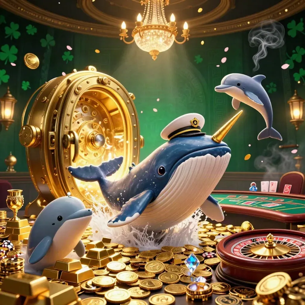 Whale captain, narwhal, and dolphins in an emerald casino vault with gold, gems, and chandelier light.