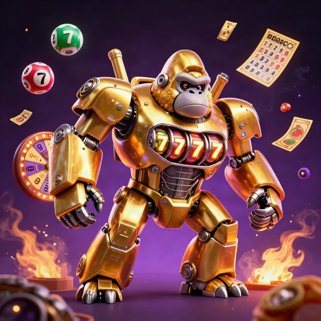 Golden gorilla mech with tiny monkey pilot, lottery balls and treasure bursting in a purple casino storm.