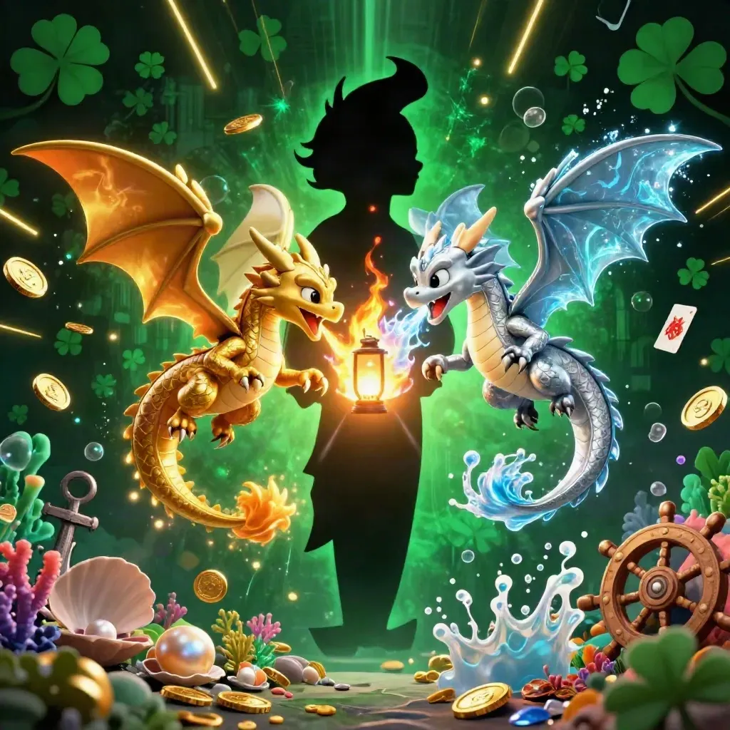 Gold and silver dragons spiral around a tiny lantern spirit amid underwater treasure and emerald light.