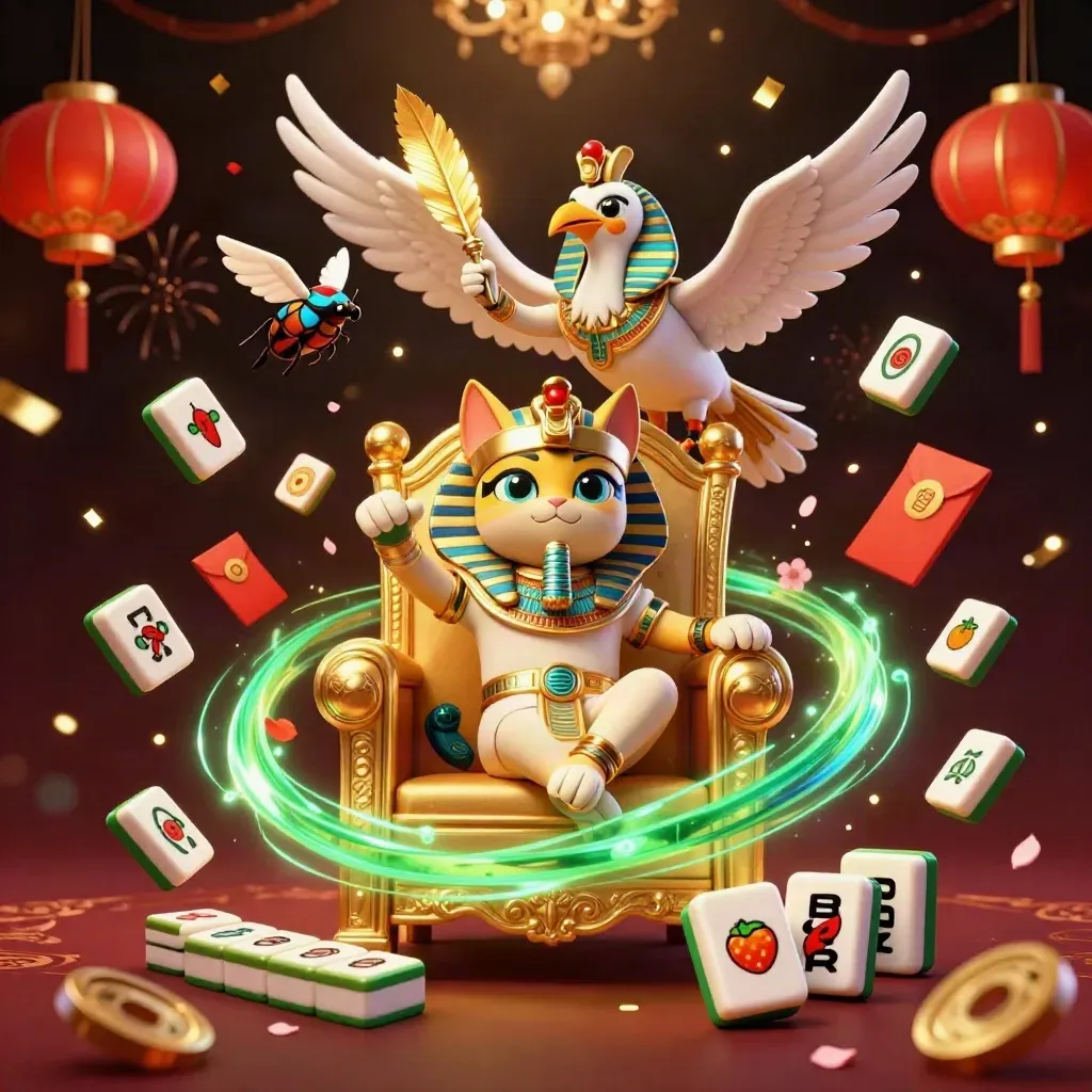 Pharaoh cat on golden throne with ibis scribe, scarabs, and casino treasure exploding in emerald light