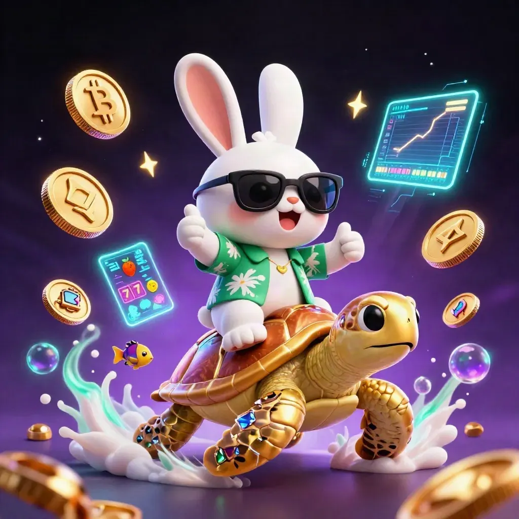 Lucky rabbit rides a gem turtle through neon undersea casino glow with coins, links, and lightning.