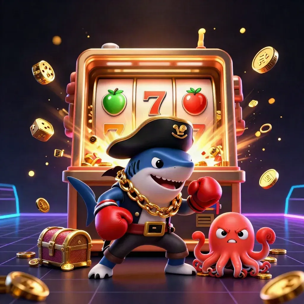 Pirate shark, boxing pufferfish, and juggling octopus amid exploding casino treasure