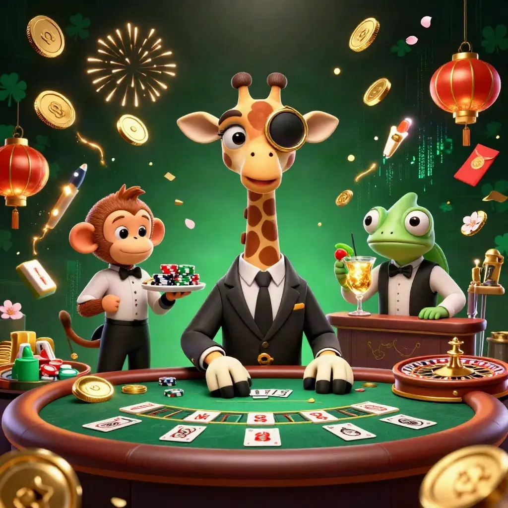 Giraffe, monkey valet, and chameleon bartender amid coins, fireworks, and casino glamour.