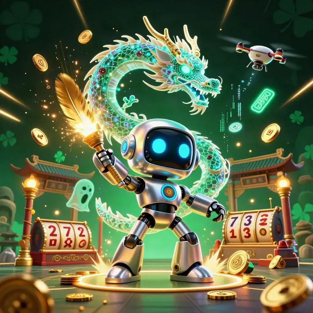 Cyberpunk robot, holographic dragon and coin drone erupting with gold in a neon casino fantasy