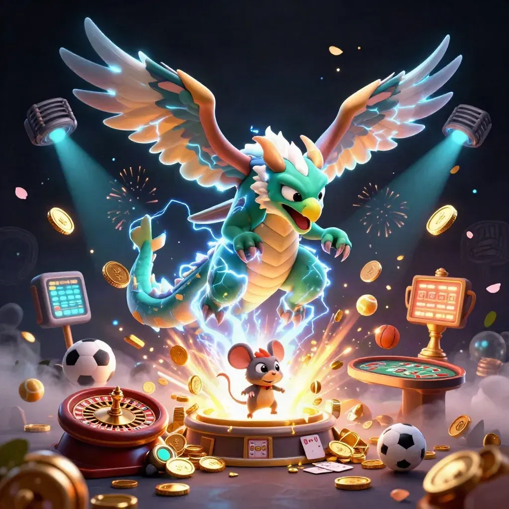 Thunder dragon, wind hawk, and static mouse amid casino loot, coins, fireworks, and neon beams