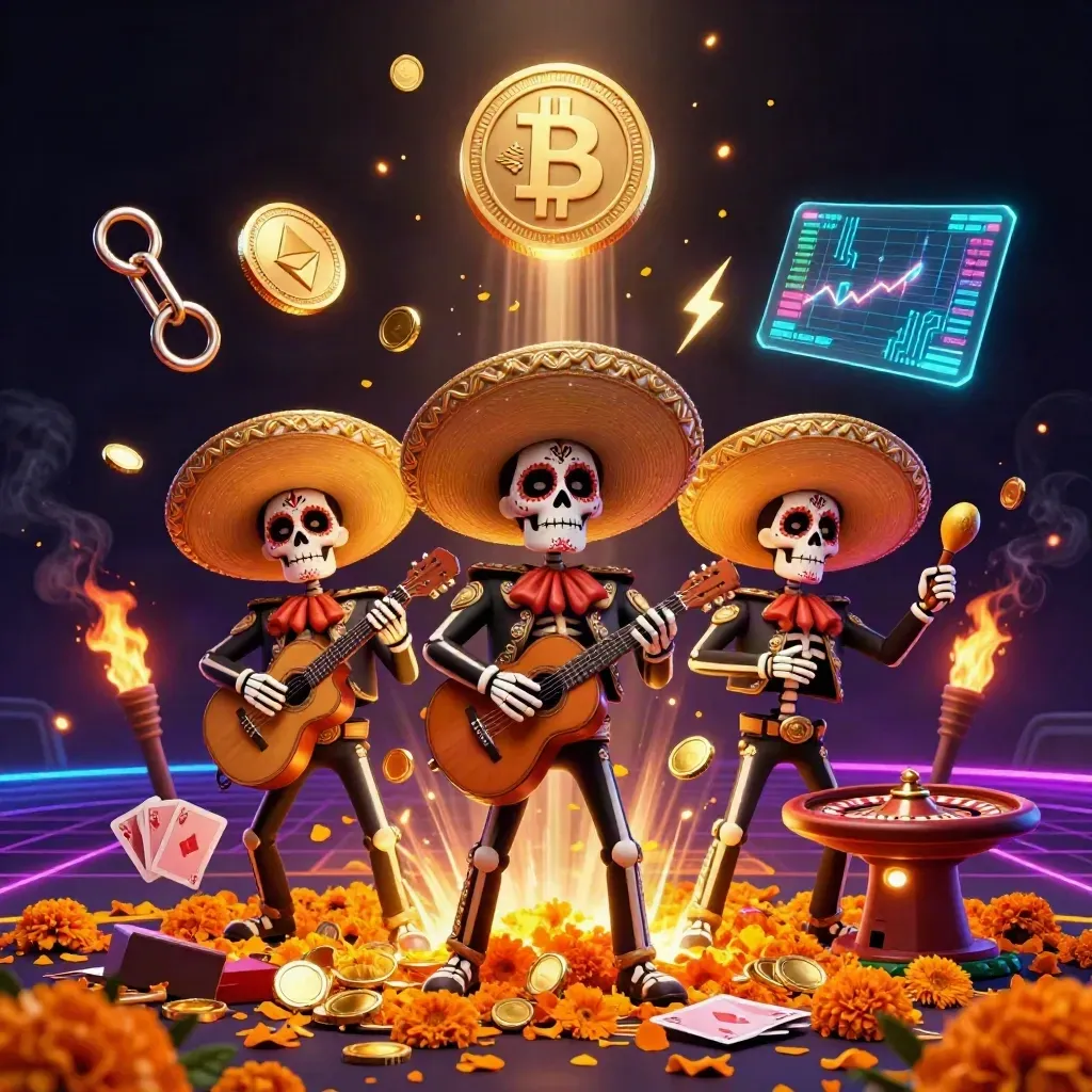 Skeleton mariachi trio amid coins, casino icons, fireworks, and neon vault energy.