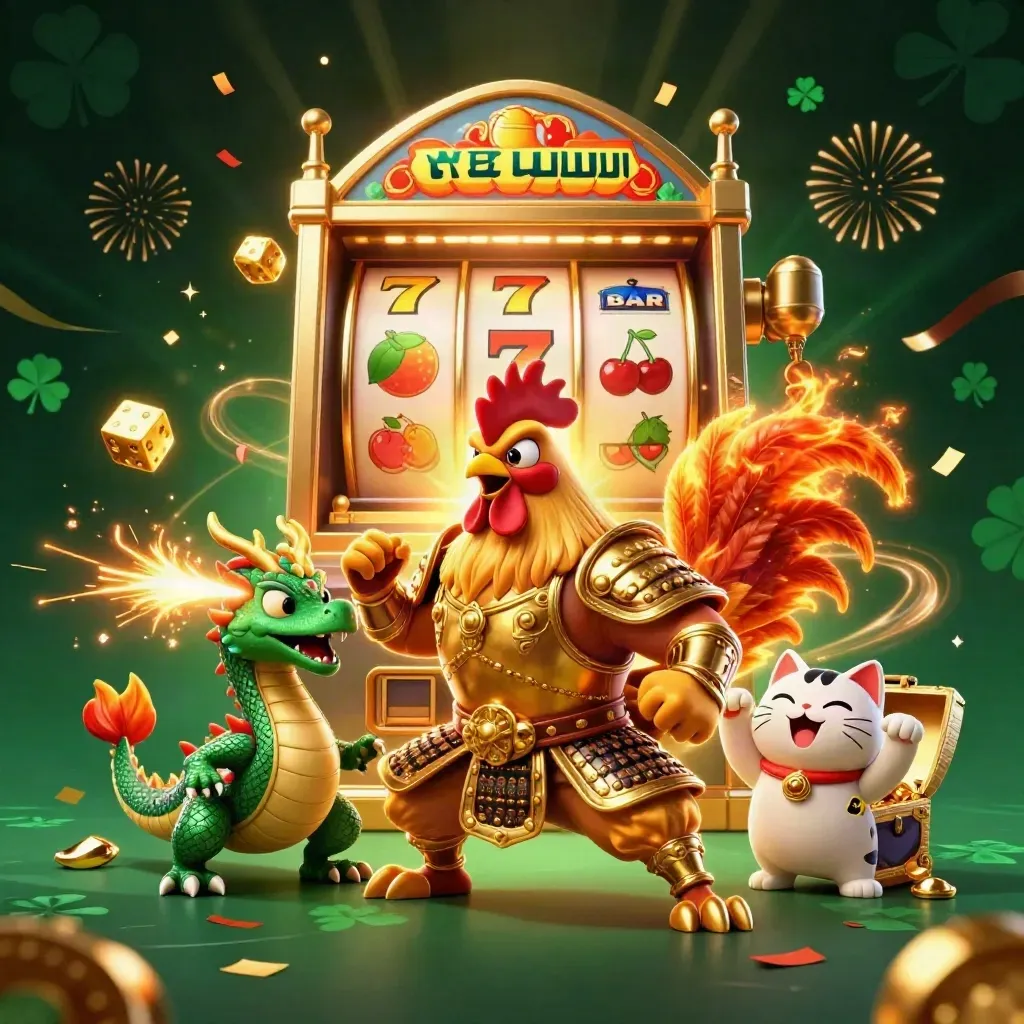 Rooster samurai, spark-breathing dragon hatchling, and cheering fortune-cat amid jackpot slot symbols.