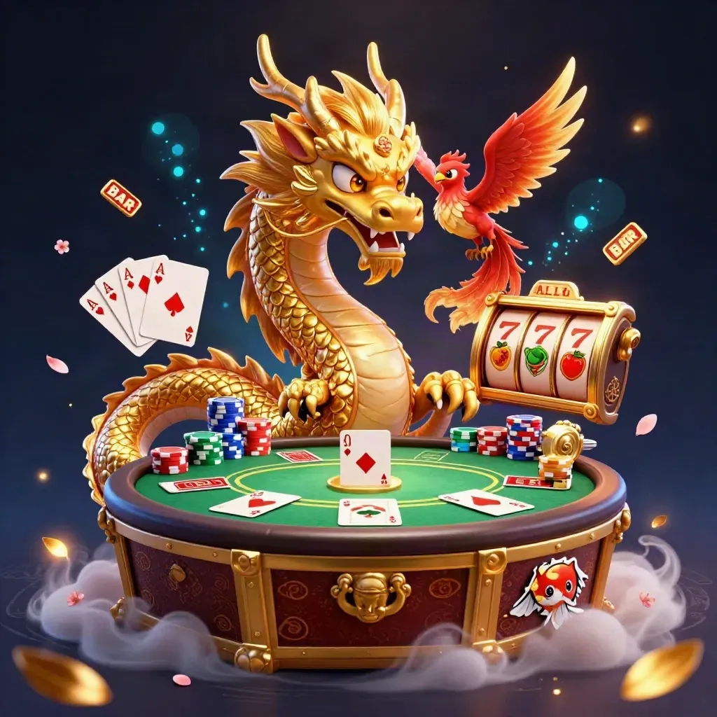 Golden dragon with phoenix and koi, surrounded by casino chips, cards, reels, and neon effects.