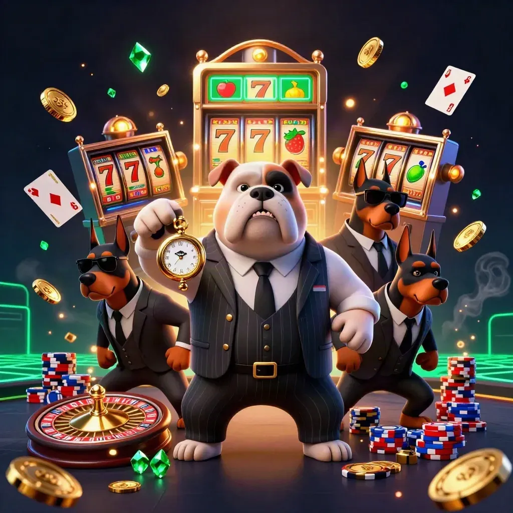 Bulldog boss and Doberman bodyguards amid coins, chips, roulette wheel, cards, and neon casino effects.