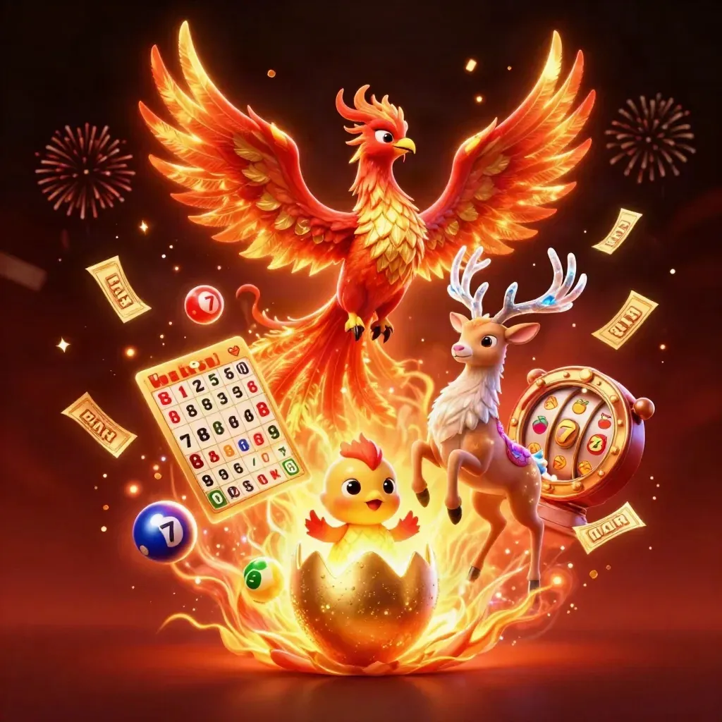 Fire phoenix, baby phoenix, and crystal-antler stag amid casino bursts and ember glow.