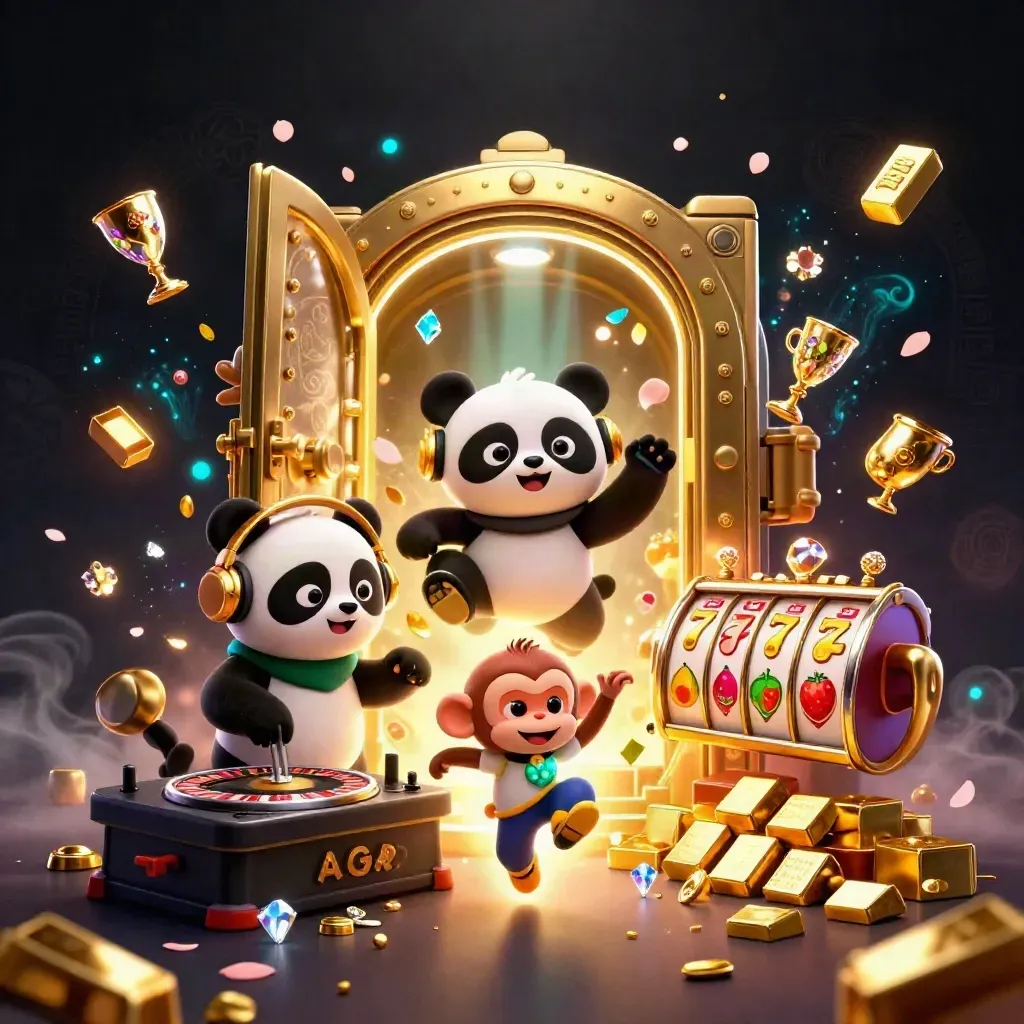 Panda DJ, breakdancing monkey, and glow-stick kitten by a glowing gold vault and casino loot