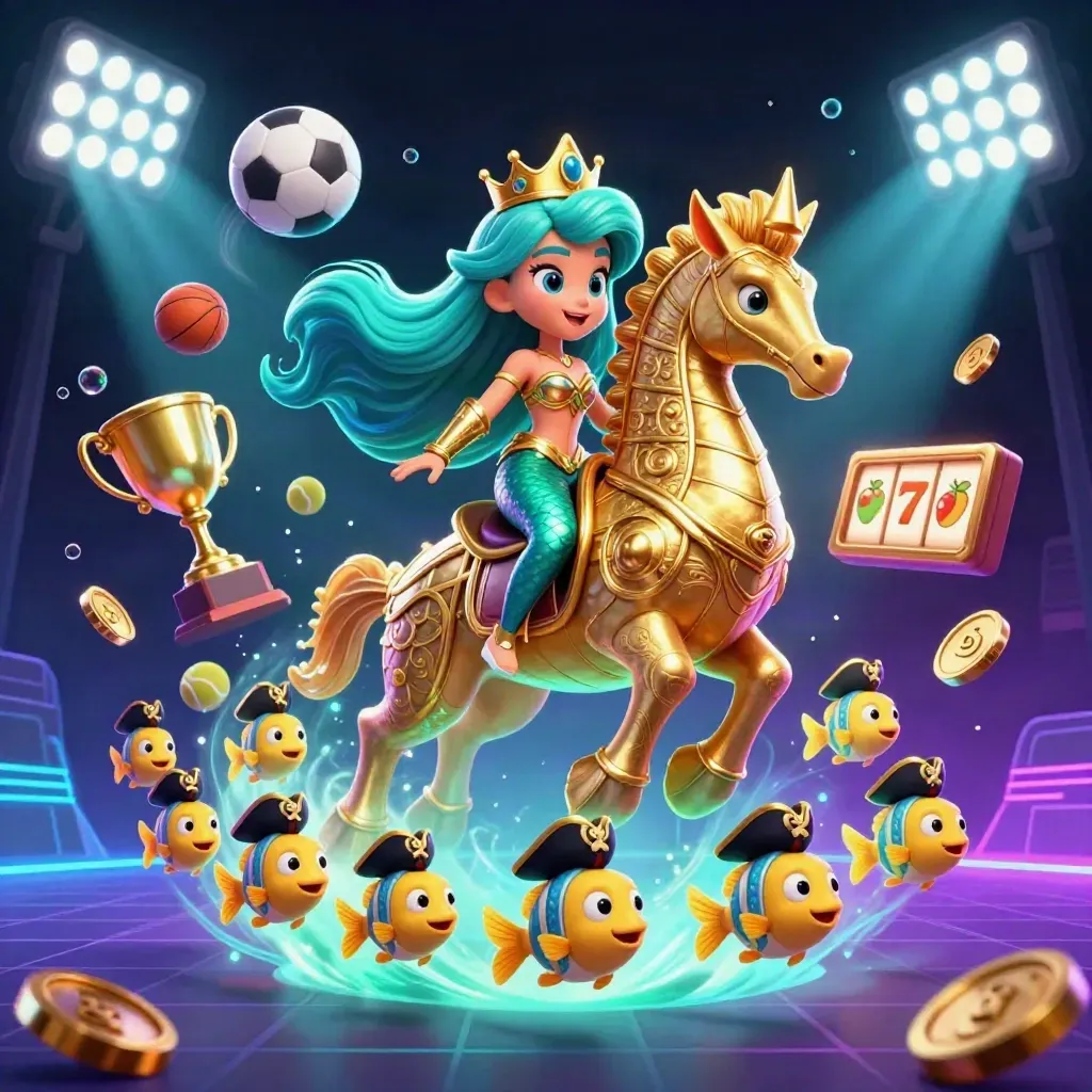 Mermaid princess rides a golden seahorse amid coins, sports balls, slots, and neon casino glow