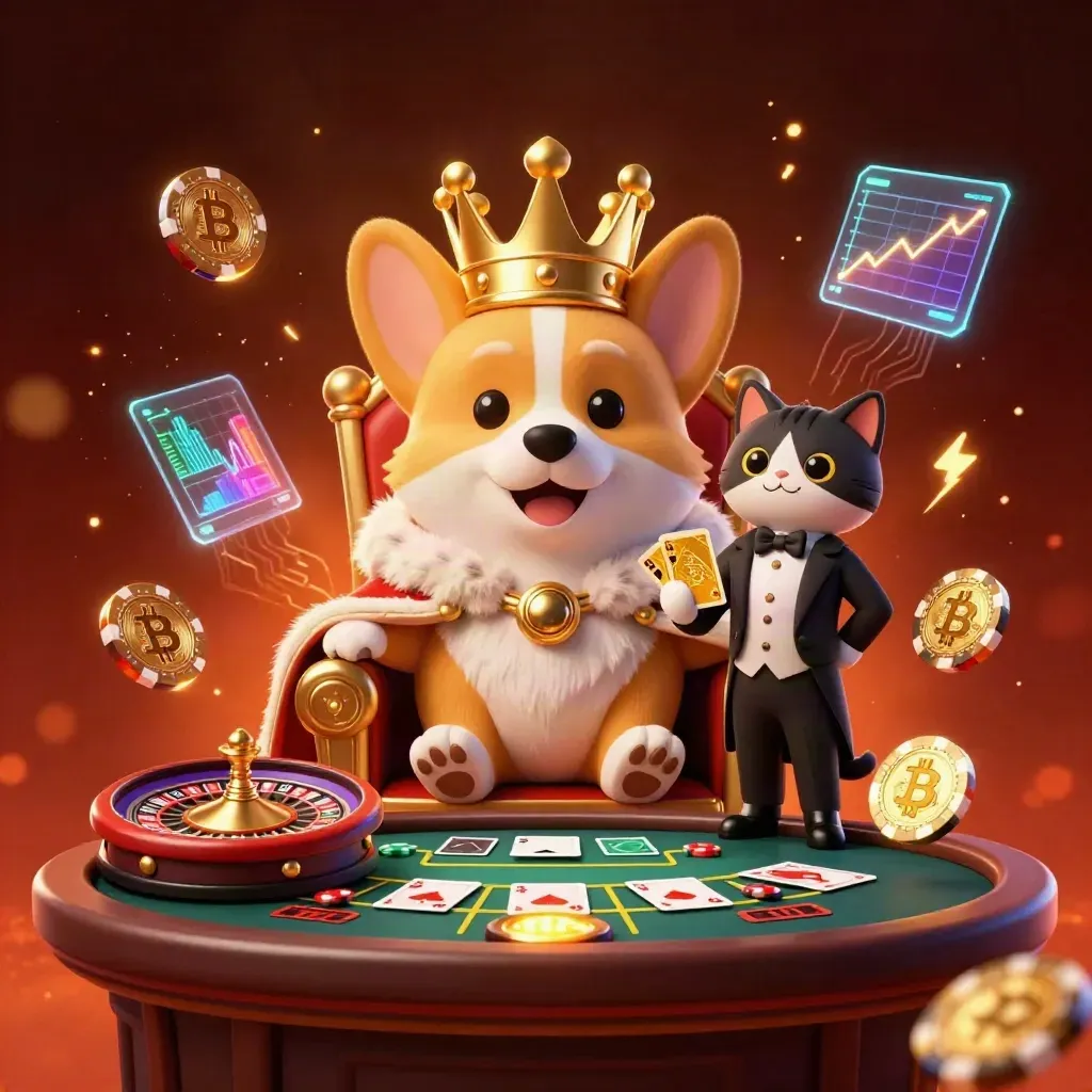 Royal corgi and cat butler on chips with casino symbols, gold sparks, and neon glow.