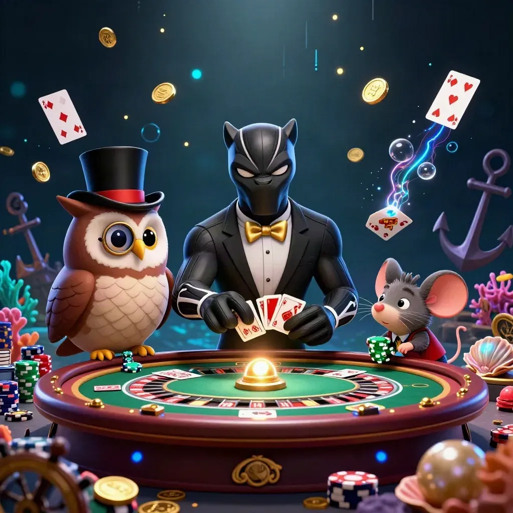 Black panther, owl and mouse amid casino treasures, chips, roulette wheel and neon sea glow.