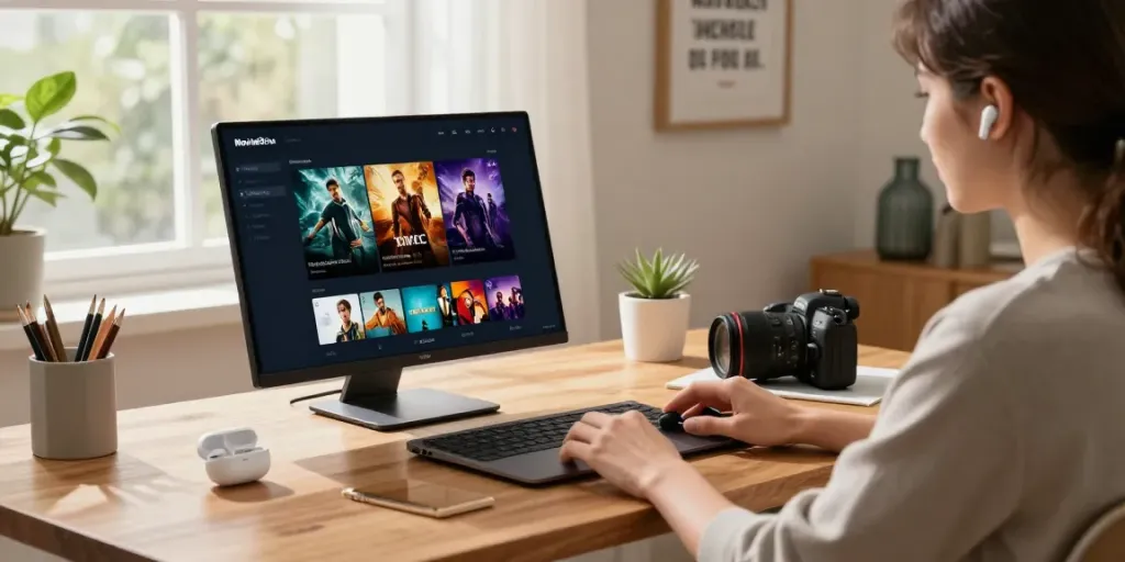 Young professional using MovieBox Pro for PC in a stylish home office.