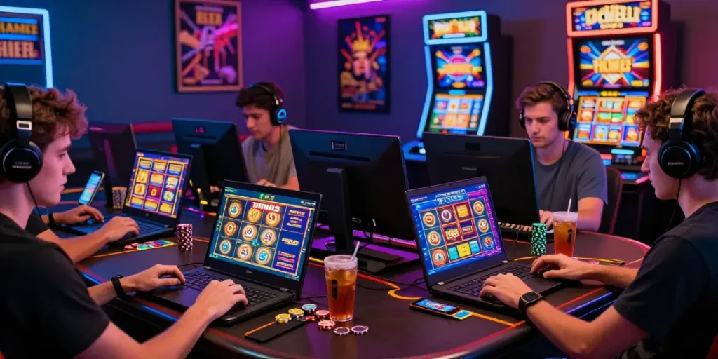 Engaging scene at the best credit card casinos, showcasing players enjoying online slots and vibrant gaming atmosphere.