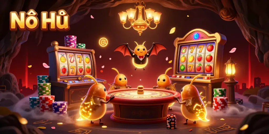 Nổ Hũ game immersive scene featuring glowworms illuminating a vibrant cave casino with slot reels, colorful chips and a bat dealer.