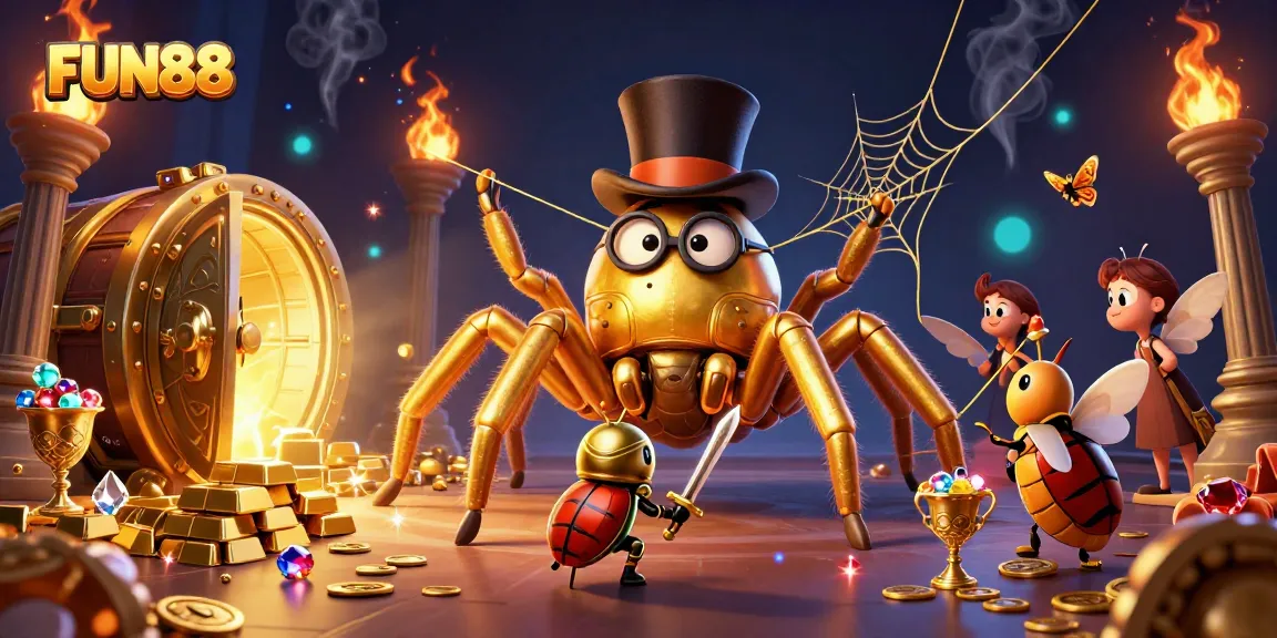 ENGAGE with FUN88 at a vibrant casino scene featuring animated characters, treasures, and games.