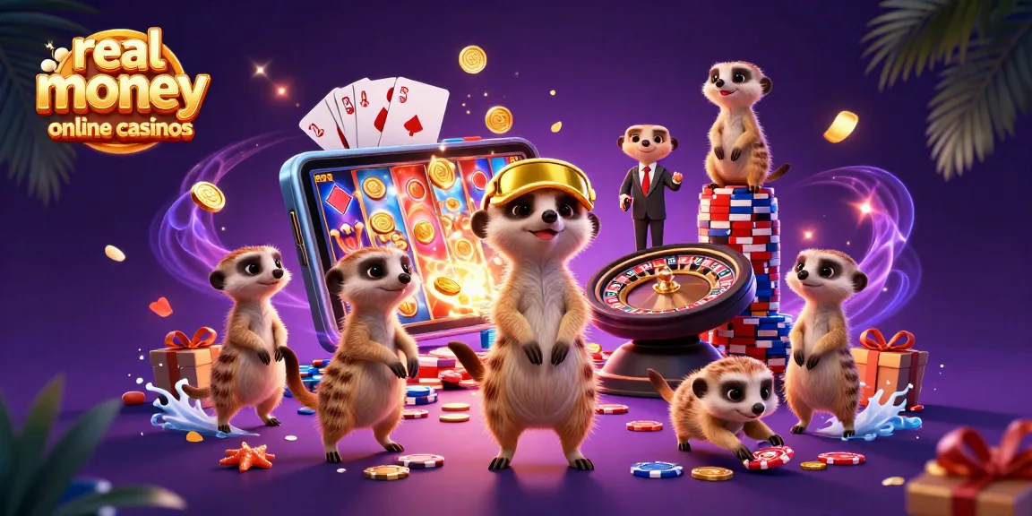 Experience the excitement of real money online casinos with cartoon meerkats in a lively casino setup.
