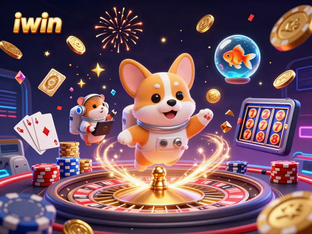 Spin to win with iwin at this vibrant space casino, filled with floating coins and exciting characters.