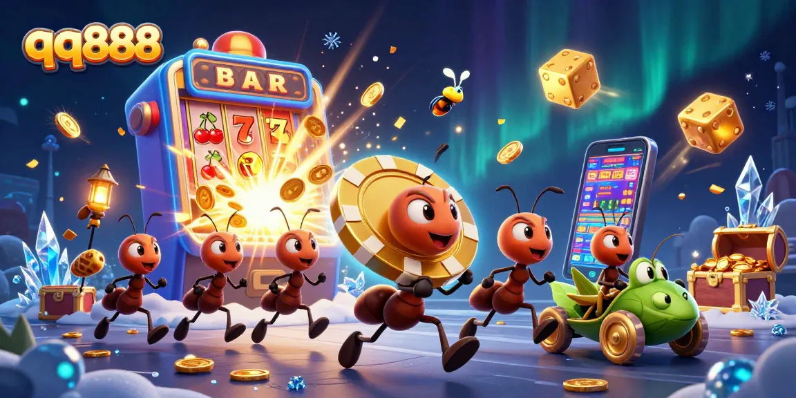 Experience the excitement of qq888 casino gaming with ants in a heist scene surrounded by slot machines and casino treasures.