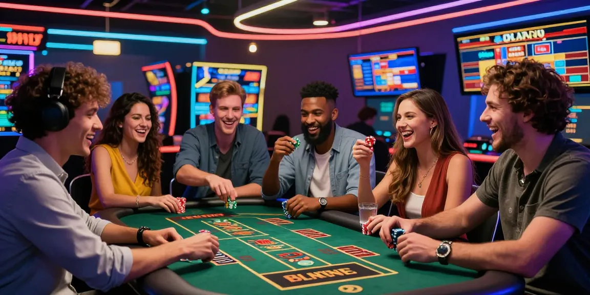 Blaze Casino live gaming scene with diverse players enjoying interactive casino experiences amidst vibrant neon lights.