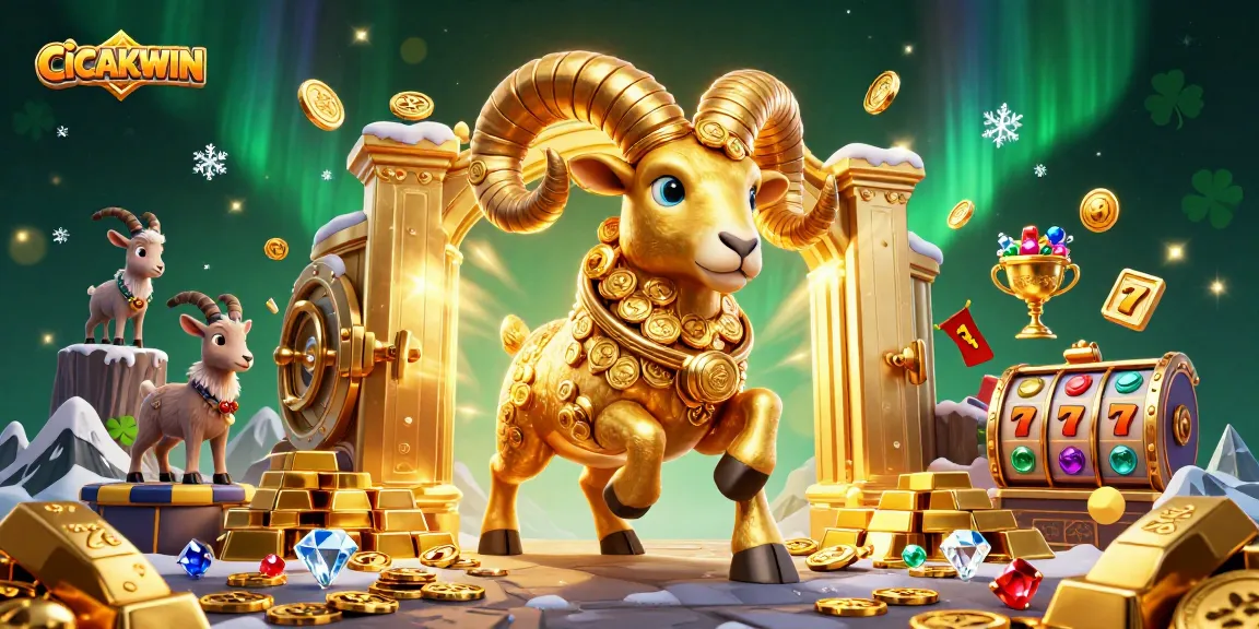 CICAKWIN captures the excitement of slot gaming with a fierce golden ram and sparkling treasures.