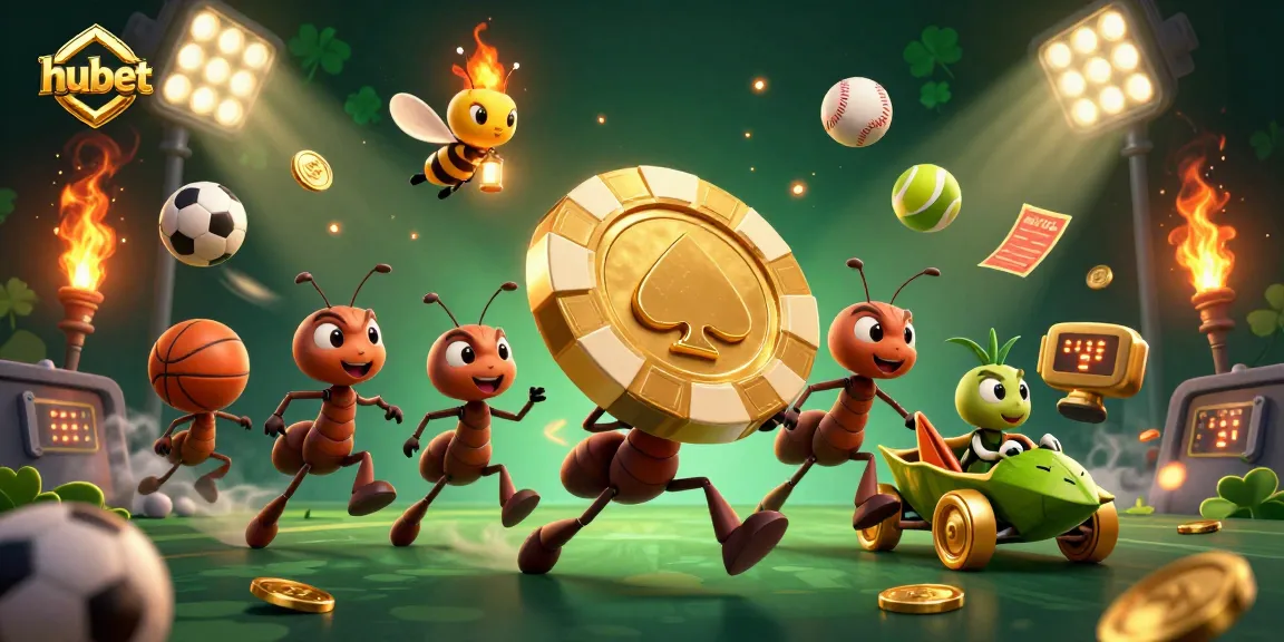 Hubet provides thrilling gaming experiences as ants carry a giant poker chip in a lively casino scene.
