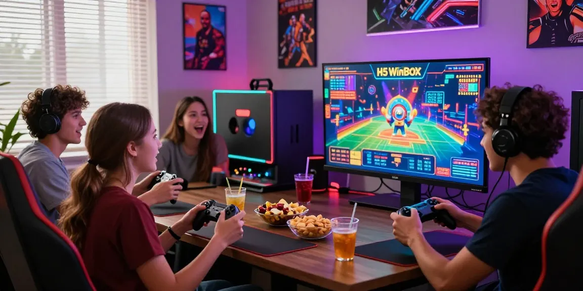 Friends enjoying H5 Winbox gaming session in a vibrant room with LED lights.