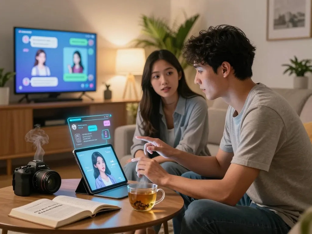 Engaging scene of a man conversing with his AI girlfriend in a modern living room, showcasing emotional connection and technology.