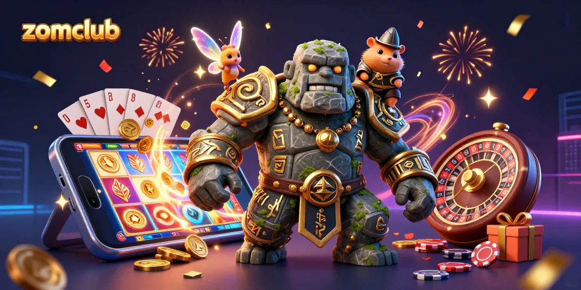 Zomclub features a lively scene with a magical golem and hamster knight surrounded by dynamic casino elements.