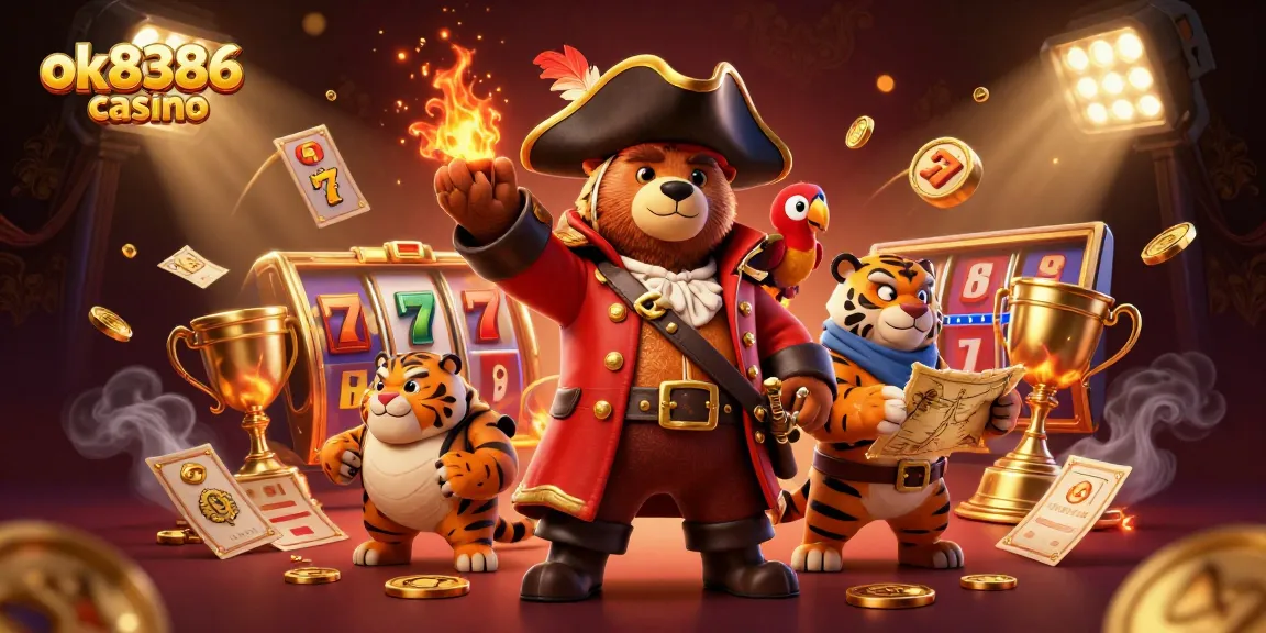 Experience the excitement of ok8386 casino with a vibrant 3D scene of a pirate and tiger amidst rich gaming elements.