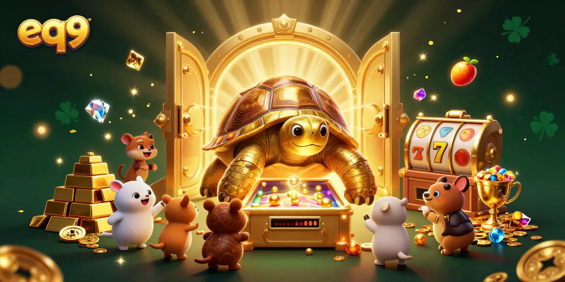 Play exciting games at eq9 casino, featuring a vibrant illustration of a golden tortoise pinball machine amidst treasure and slot symbols.