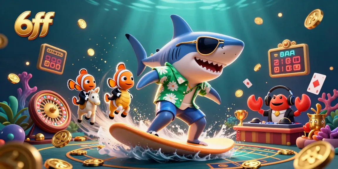 Experience exhilarating gaming action with 6ff’s vibrant 3D illustration of a shark and casino elements.