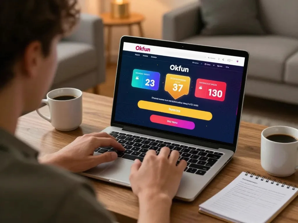Player using Okfun đăng nhập for live sports betting on a laptop in a cozy home setting.