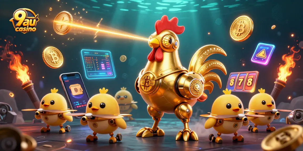 Experience an energetic 9au casino scene with a golden rooster and crypto elements in vibrant detail