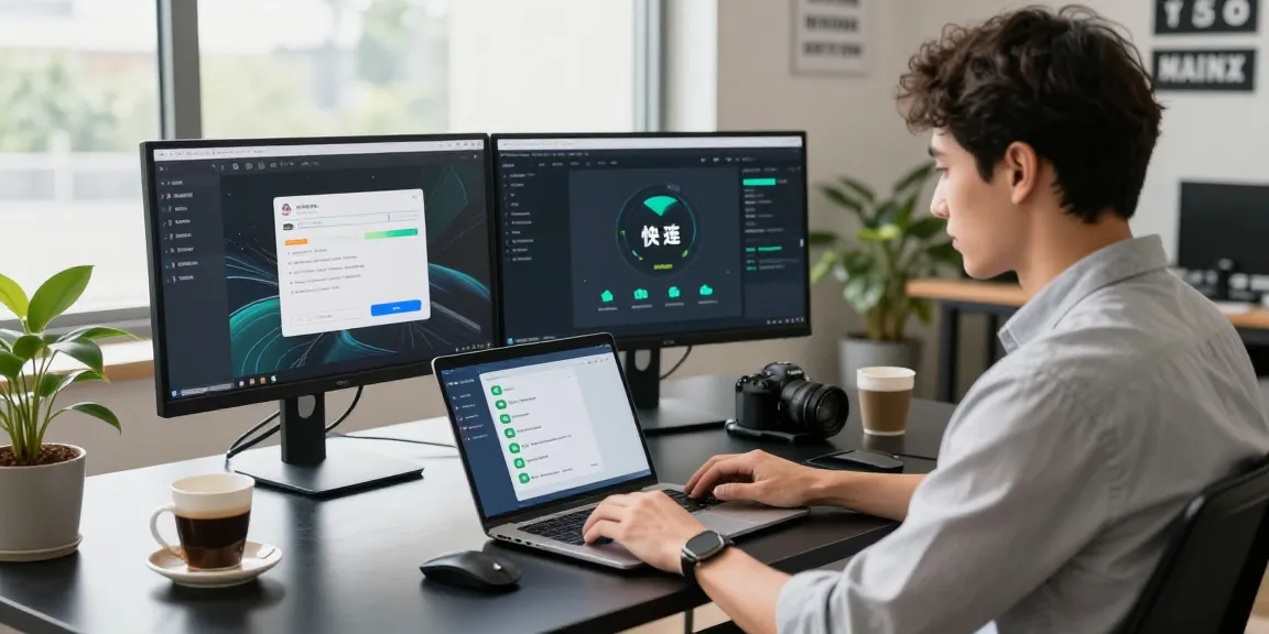 快连 network acceleration app in use on a laptop in a bright modern office.