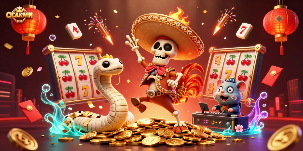 Engage with CICAKWIN's exciting gaming scene featuring vibrant characters and casino themes.
