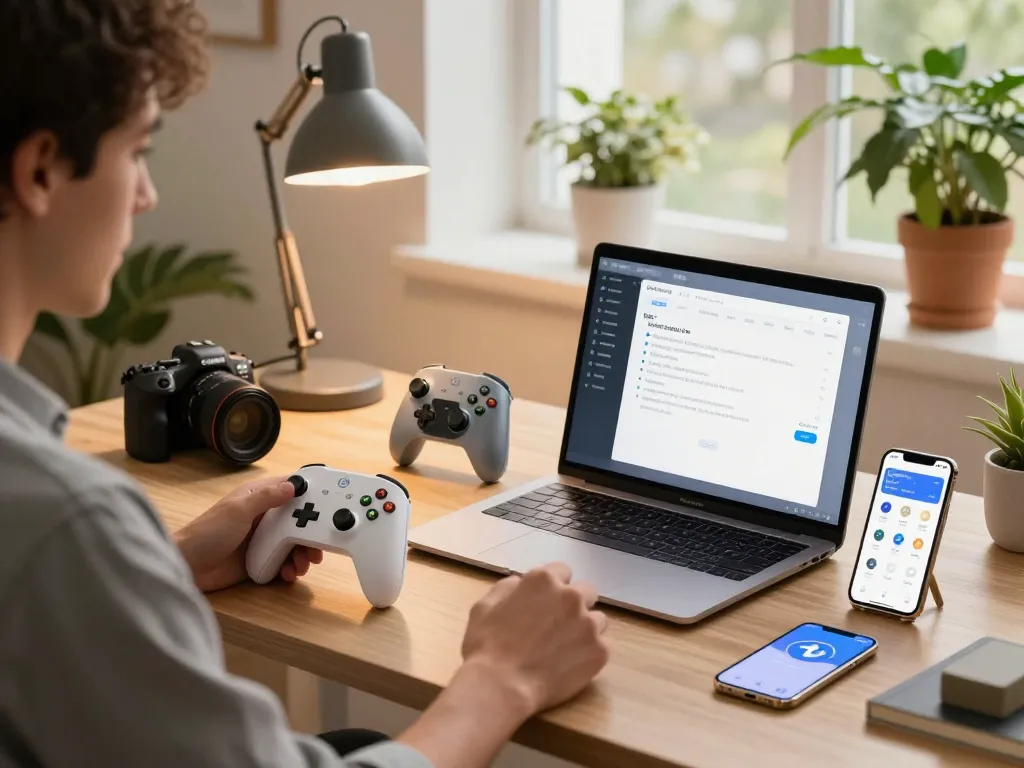 Showcasing must have tech gadgets in a modern workspace with Bluetooth devices, laptop, and smartphone.