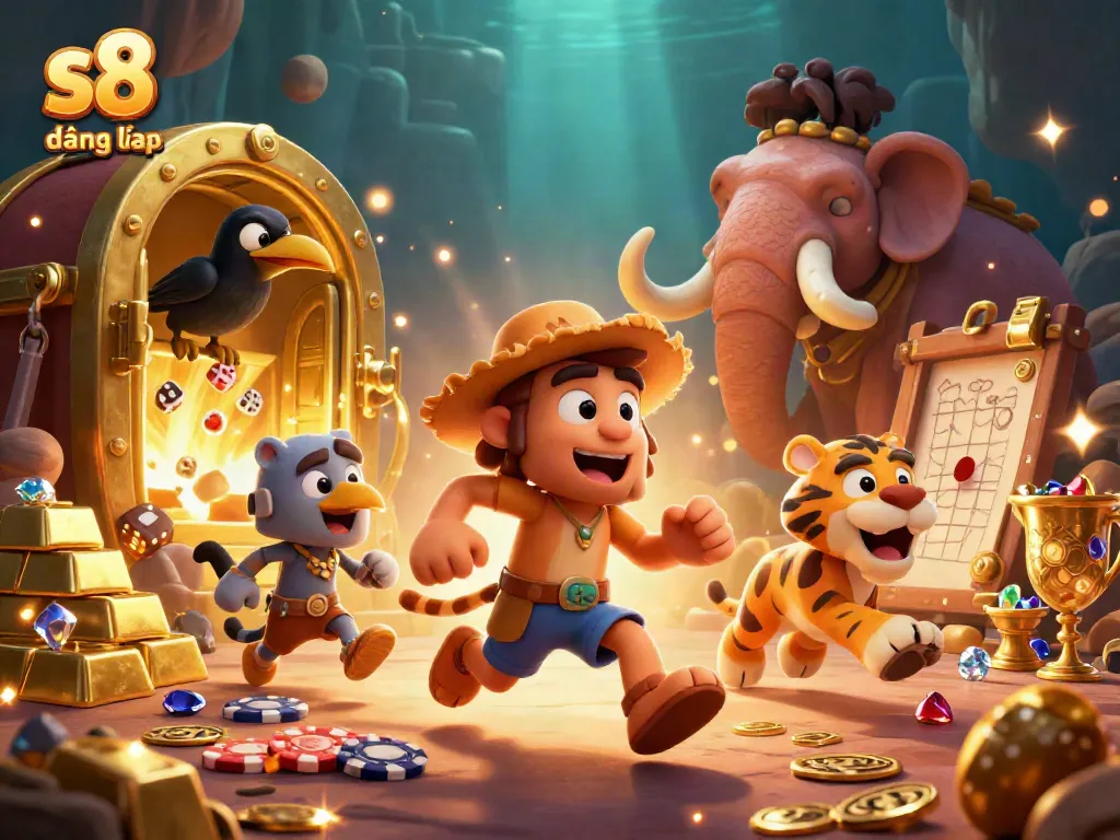 Experience the thrill of S8 đăng nhập with a vibrant 3D casino scene featuring dynamic characters and golden treasures.