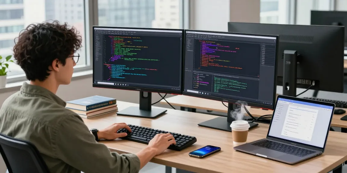 Developer coding in a modern workspace with 快连 application interface, capturing a vibrant tech atmosphere.